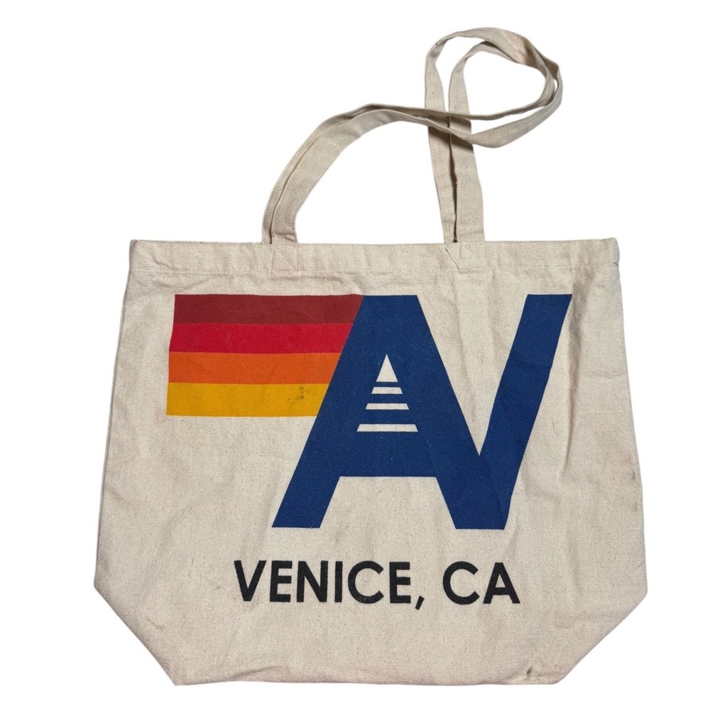 Aviator Nation Venice CA Canvas Logo Tote Bag Cream Rainbow Stripe Large (A) - Picture 2 of 11